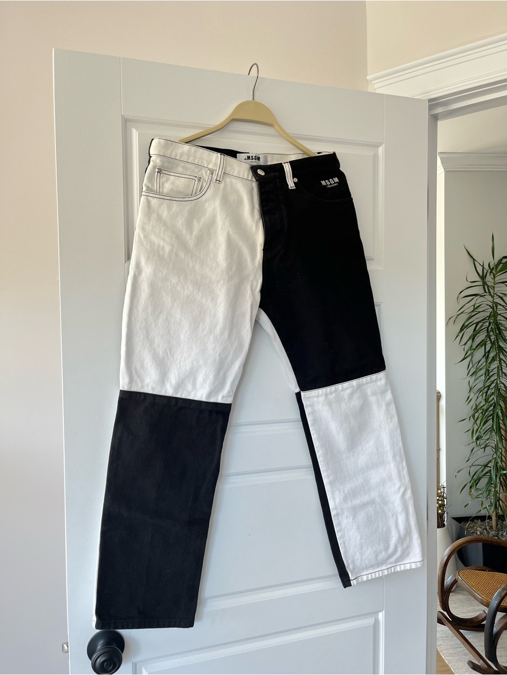 MSGM Black and White Colorblock Straight Jeans